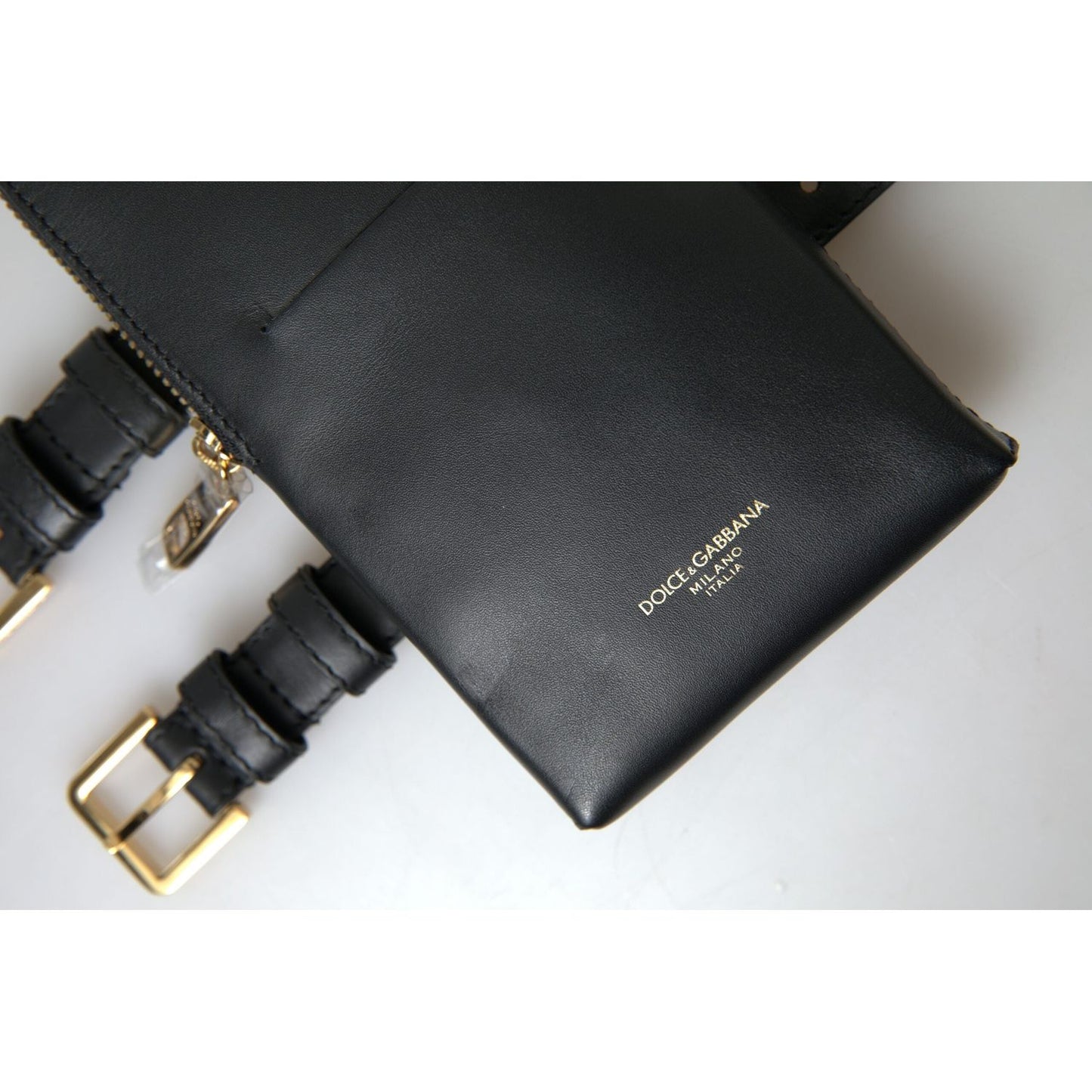 Dolce & Gabbana Black Leather Men Purse Double Belt Strap Bracelet Bag BAG1082