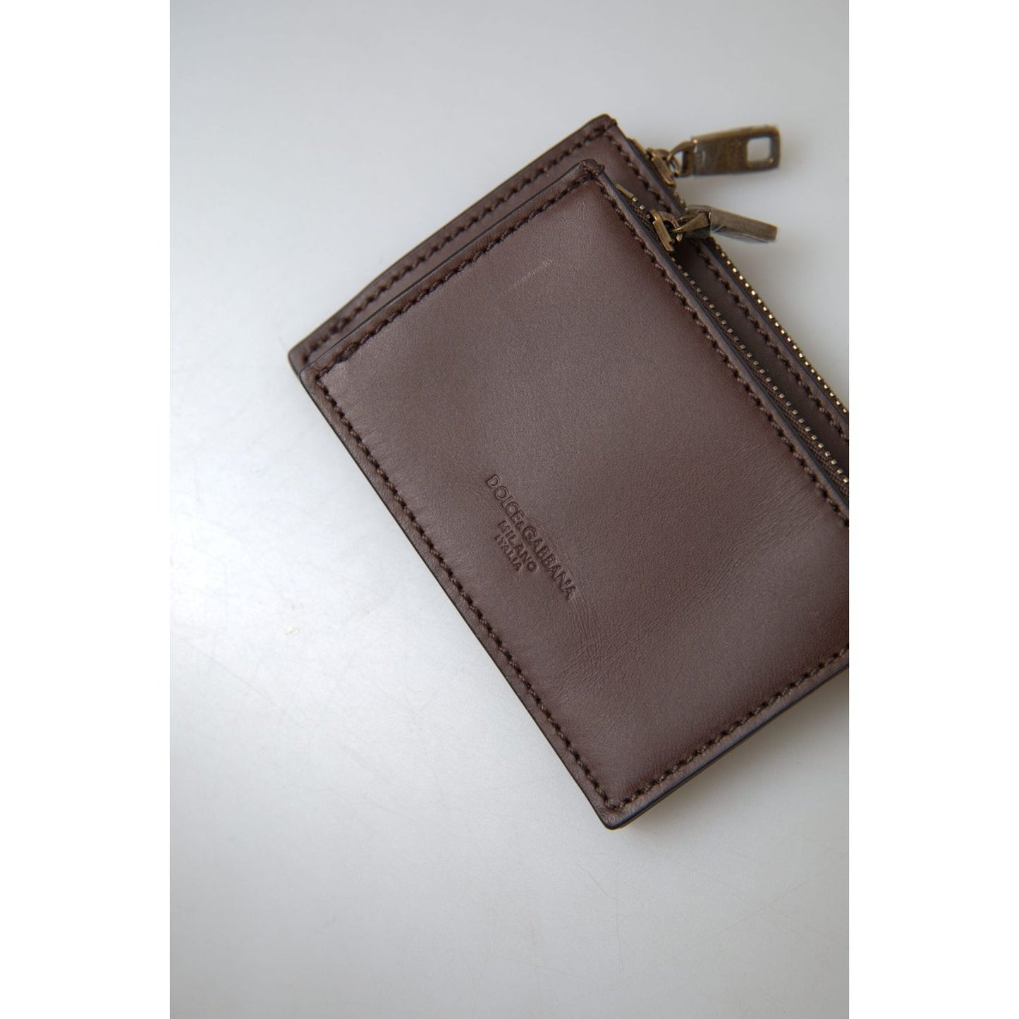 Dolce & Gabbana Brown Leather Zip Logo Keyring Coin Purse Wallet BAG1096