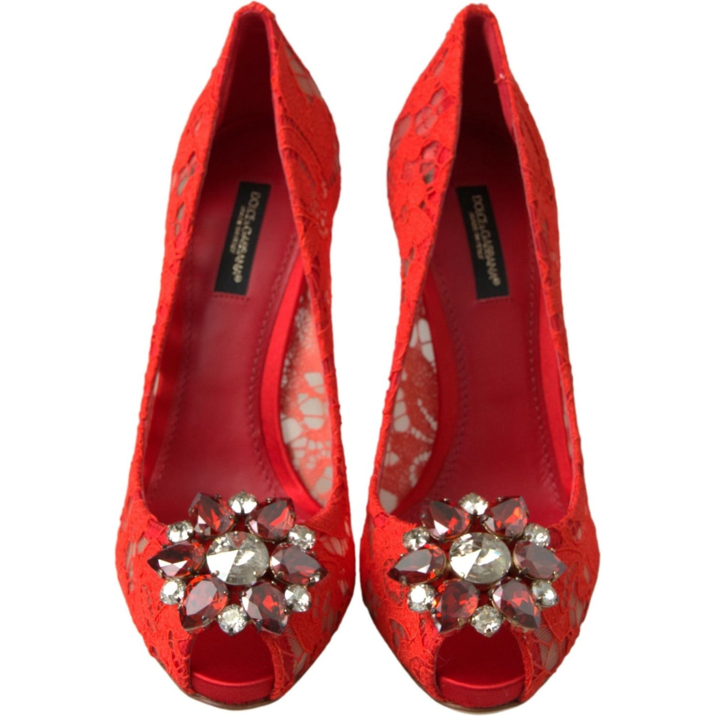 Dolce & Gabbana Red Taormina Lace Crystal Heels Pumps Shoes LA10240-35.5
