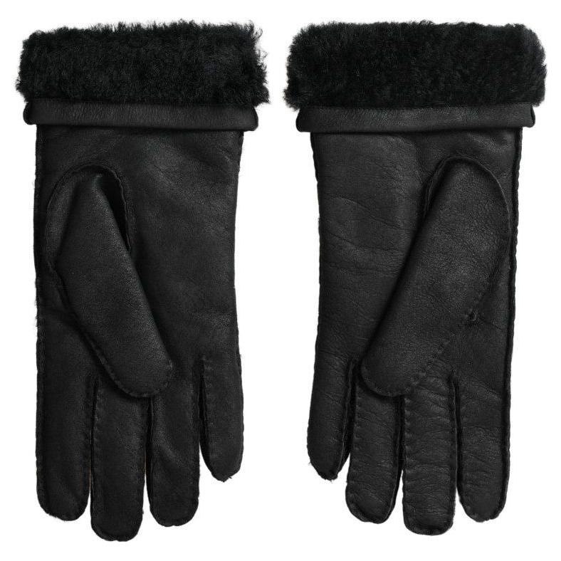 Dolce & Gabbana Black Leather Fur Short Hands Mitten Men Gloves LB30107