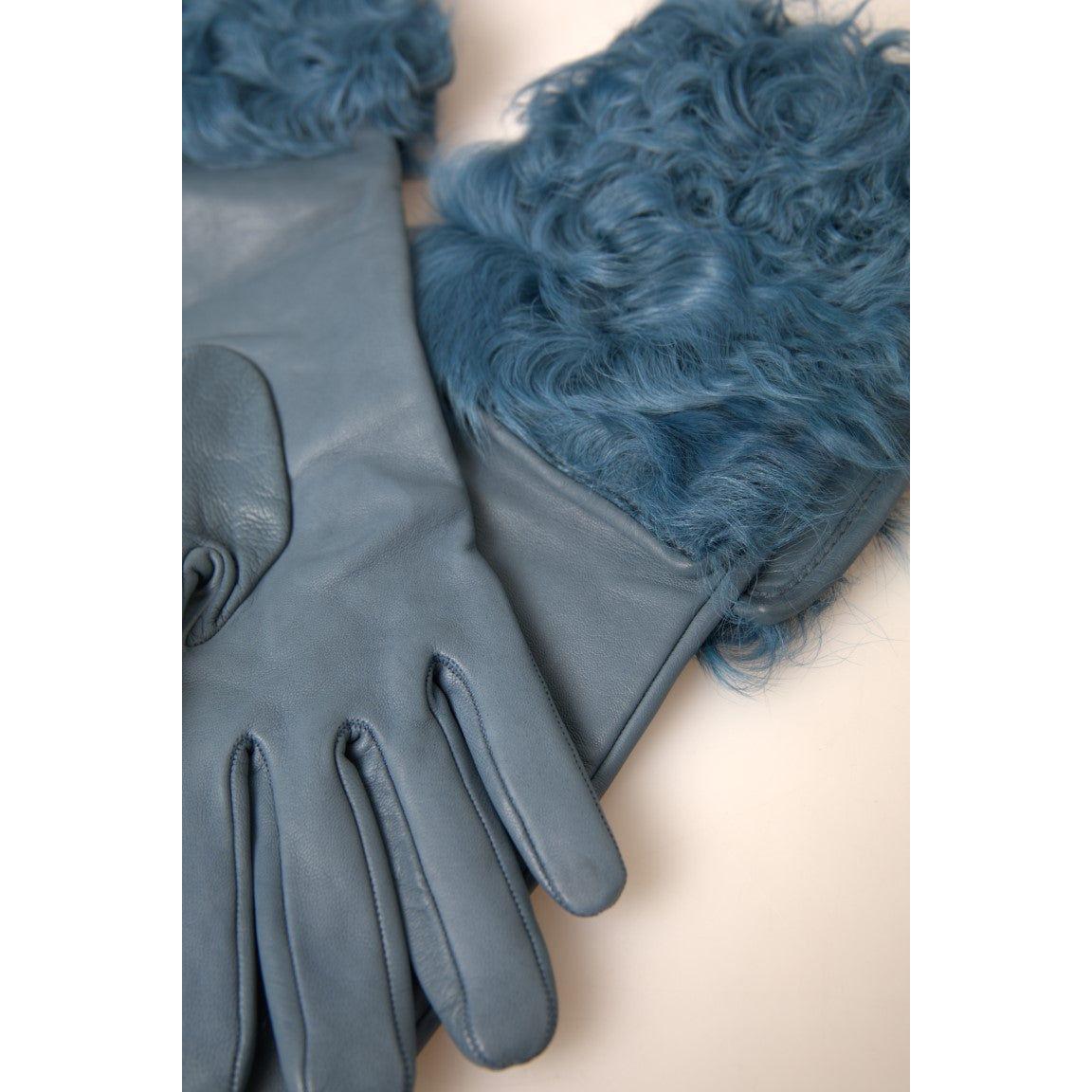 Dolce & Gabbana Blue Leather Fur Mid Arm Length Gloves