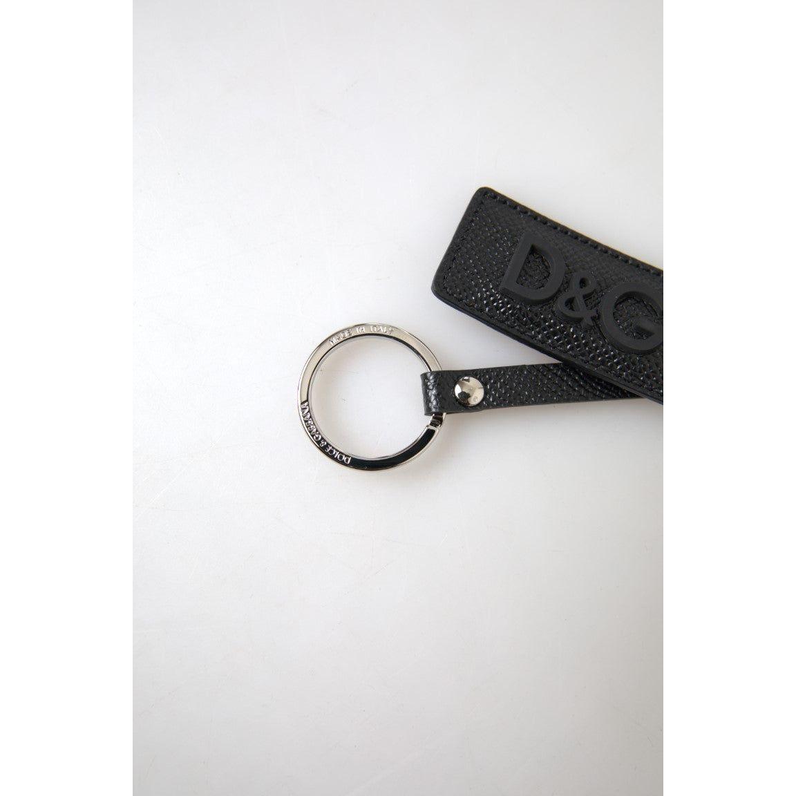 Dolce & Gabbana Black DG Logo Leather Silver Metal Keychain SMY101200