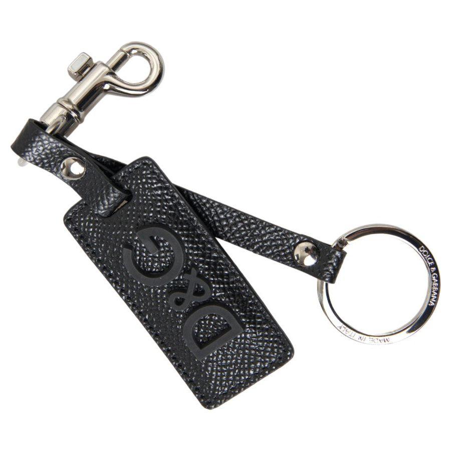 Dolce & Gabbana Black DG Logo Leather Silver Metal Keychain SMY101200