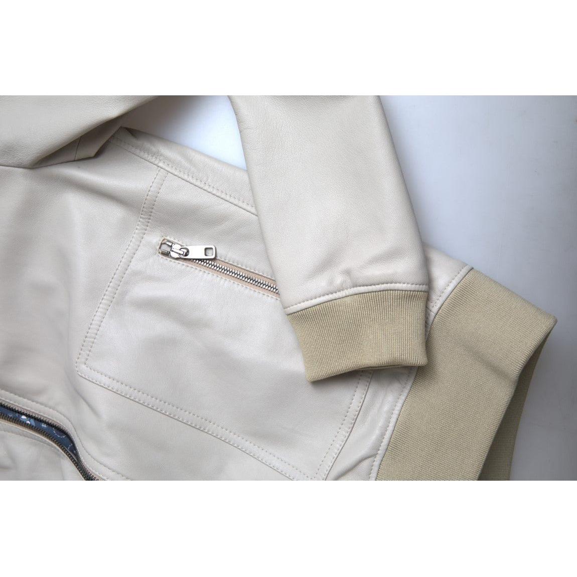 Dolce & Gabbana Cream Leather Bomber Blouson Full Zip Jacket JKT3657-48
