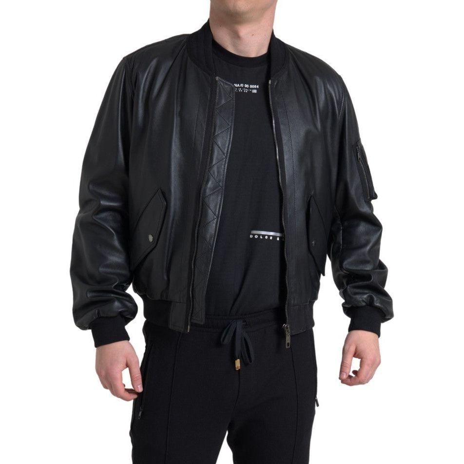 Dolce & Gabbana Black Leather Blouson Full Zip Bomber Jacket JKT3659-44