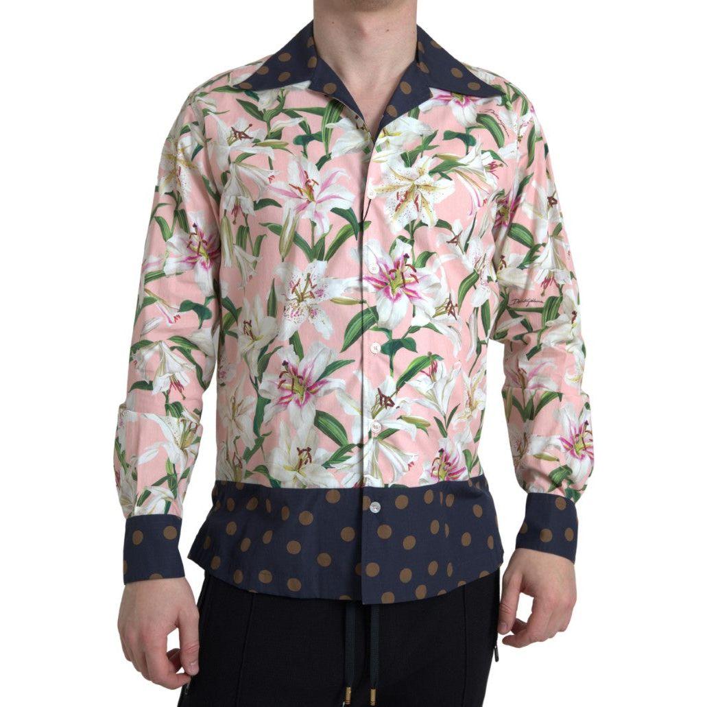 Dolce & Gabbana Cotton Polka Dot Lily Print Collared Shirt TSH84188-38