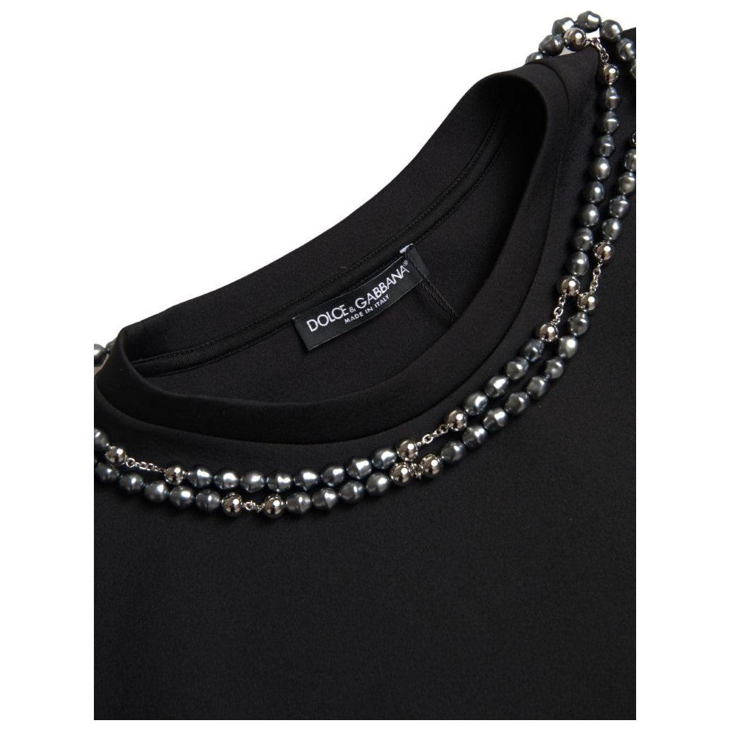 Dolce & Gabbana Black Necklace Embellished Polyester T-shirt TSH84165-48