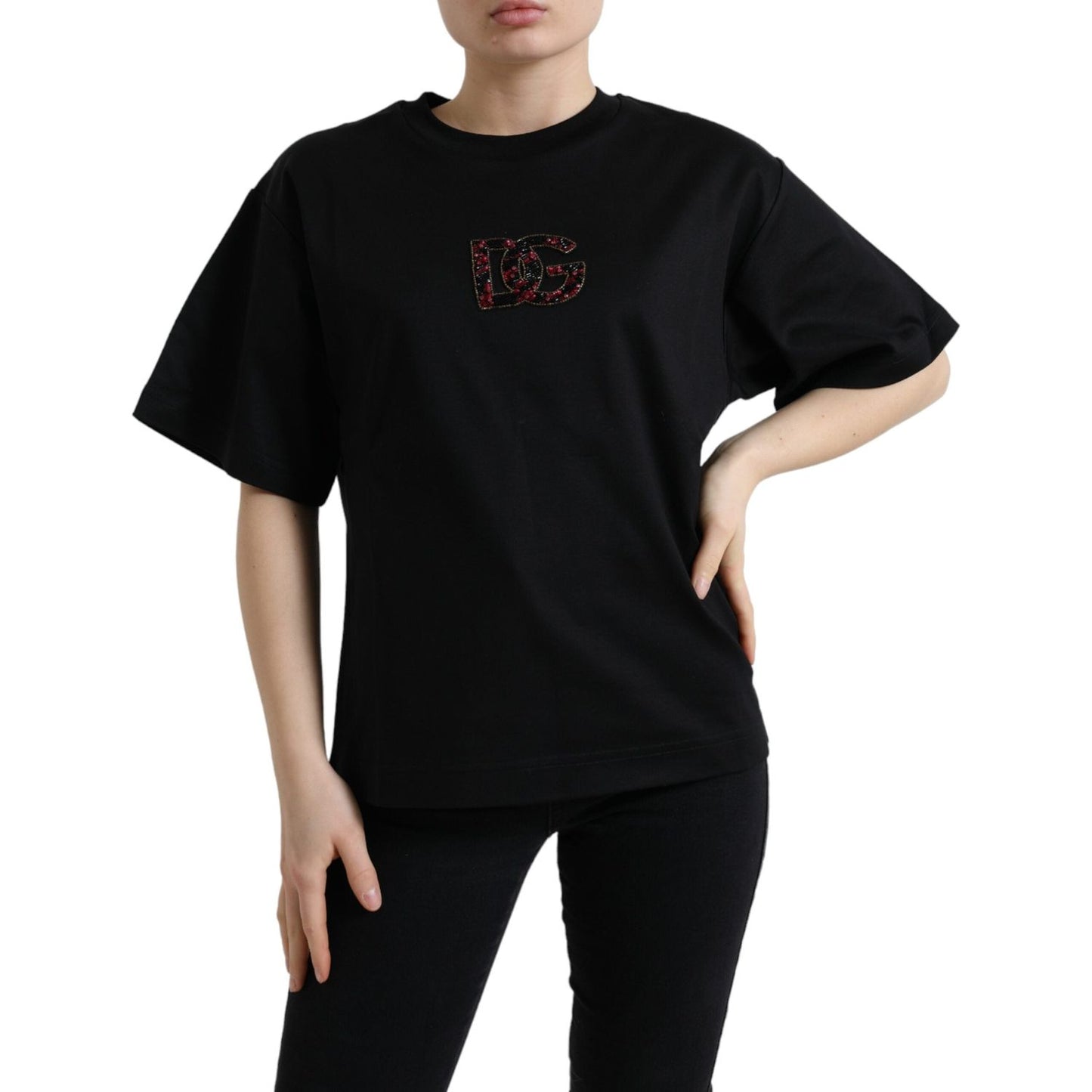Dolce & Gabbana Black Cotton DG Crystal Crewneck Tee T-shirt TSH84346-36