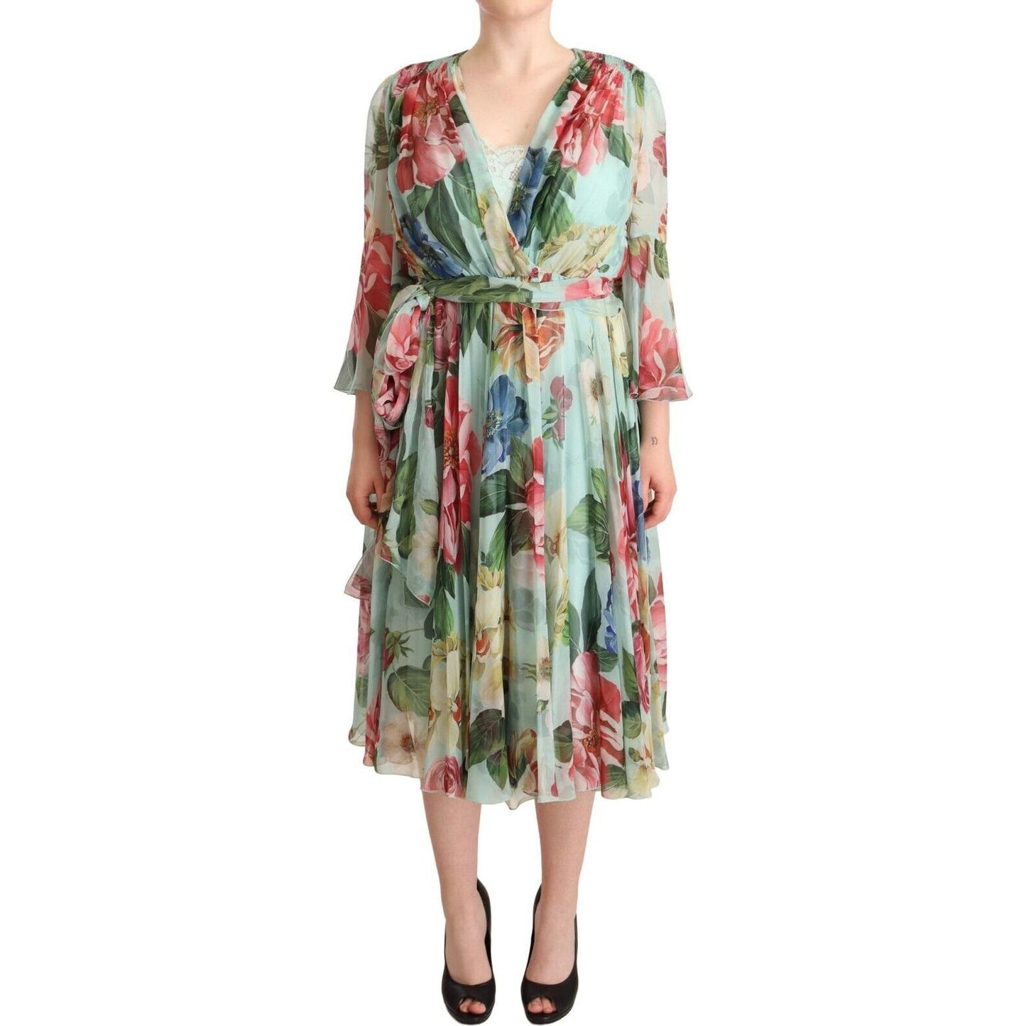 Dolce & Gabbana Multicolor Green Floral Silk Wrap Midi Dress DR28304-42