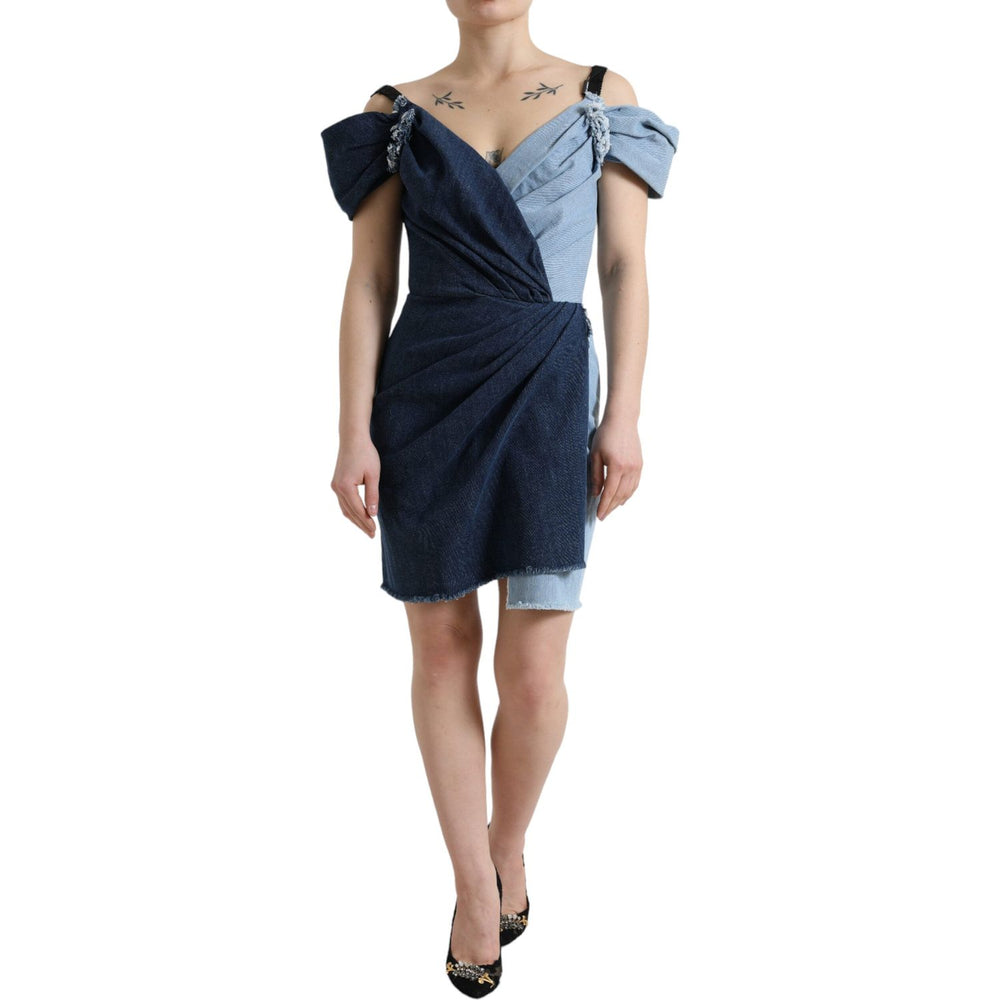 Dolce & Gabbana Blue Patchwork Two Tone Denim Mini Dress DR281102