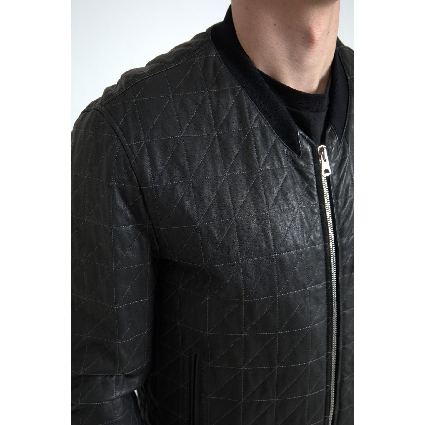 Dolce & Gabbana Black Leather Full Zip Bomber Coat Jacket JKT3672