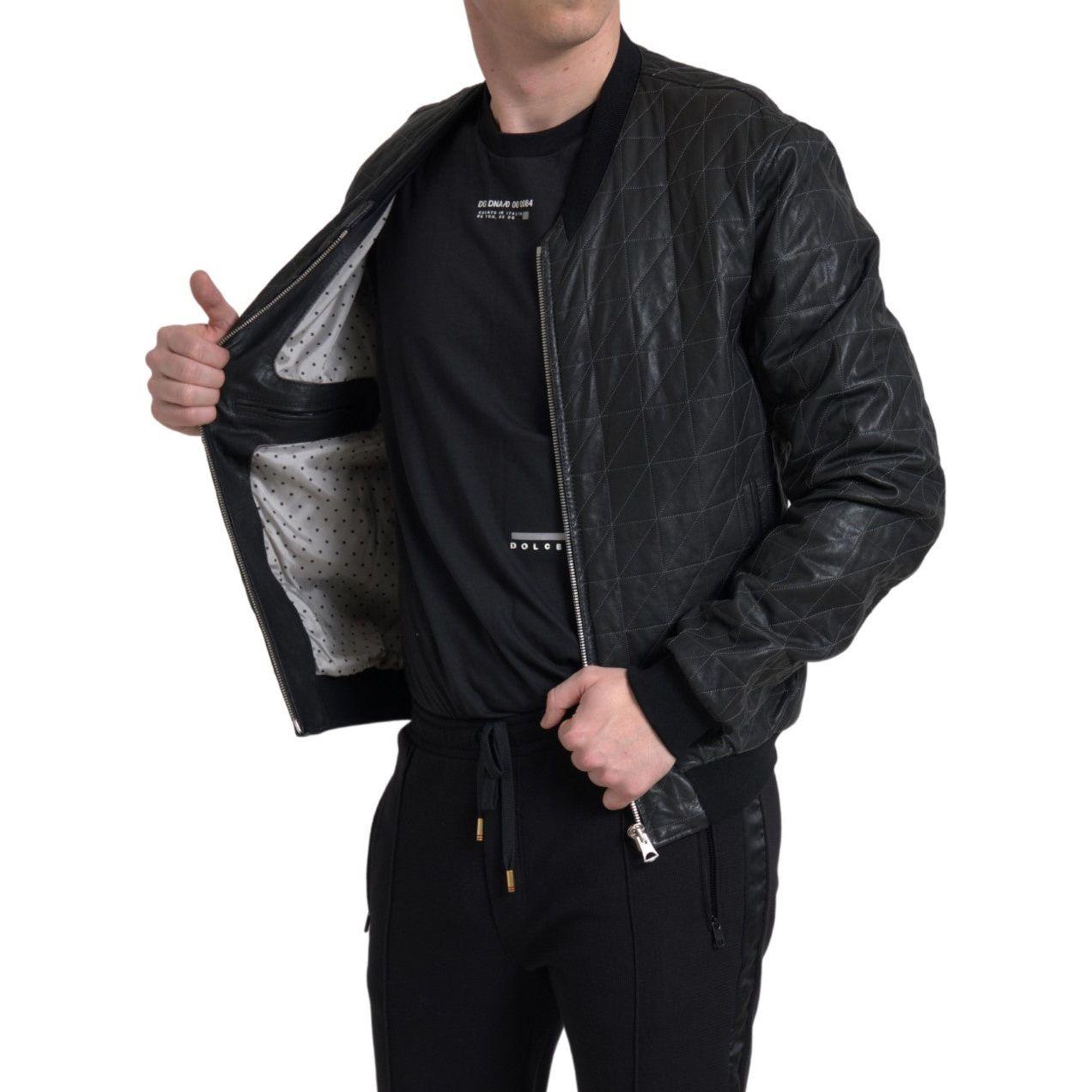 Dolce & Gabbana Black Leather Full Zip Bomber Coat Jacket JKT3672