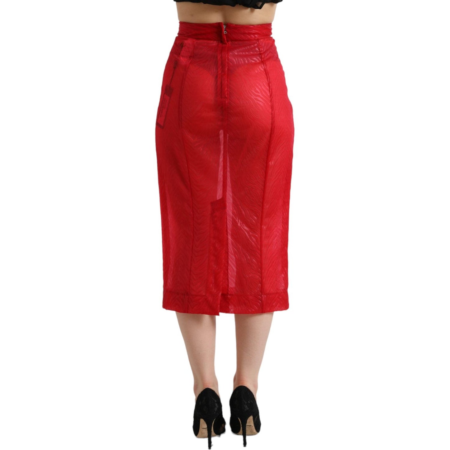 Dolce & Gabbana Red Sheer High Waist Pencil Cut Midi Skirt