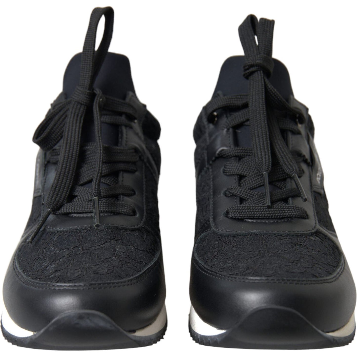 Dolce & Gabbana Black Floral Lace Leather Sneakers Shoes LA10369-36