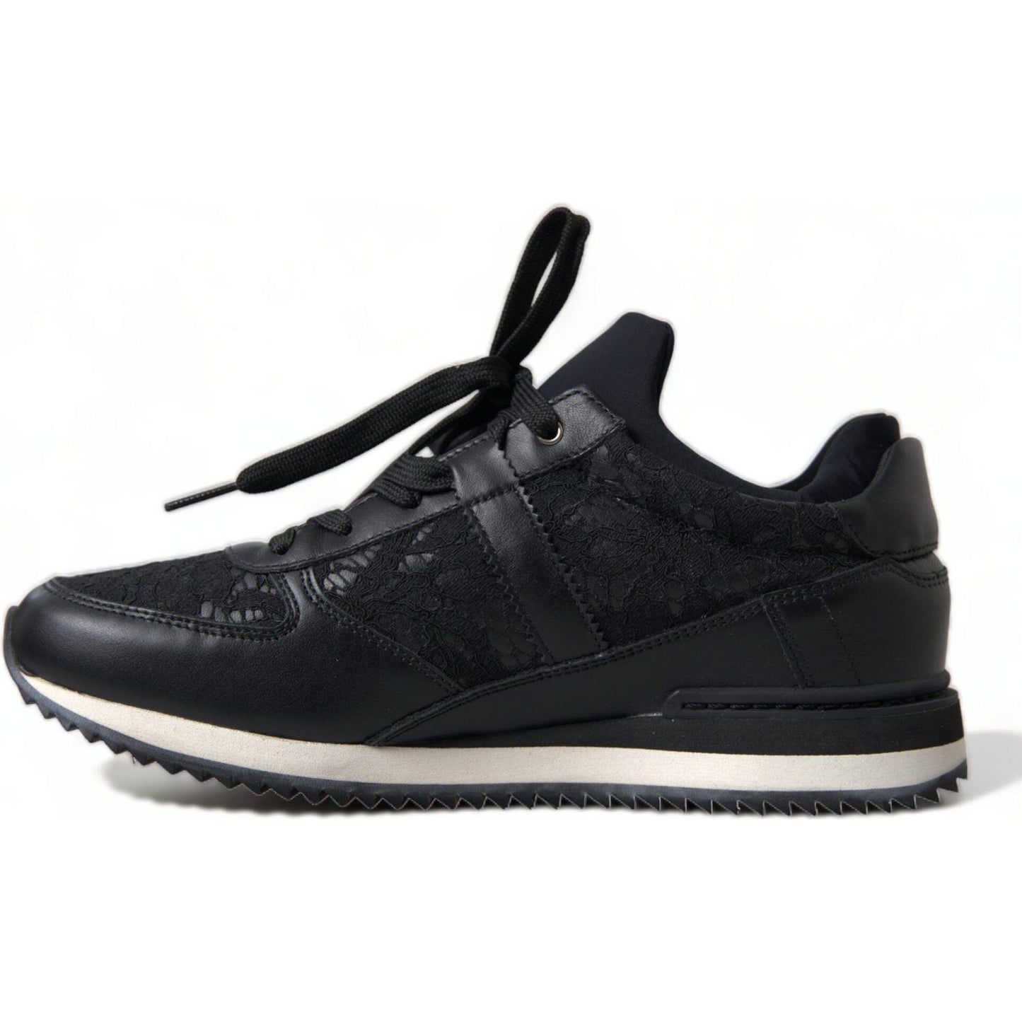 Dolce & Gabbana Black Floral Lace Leather Sneakers Shoes LA10369-36
