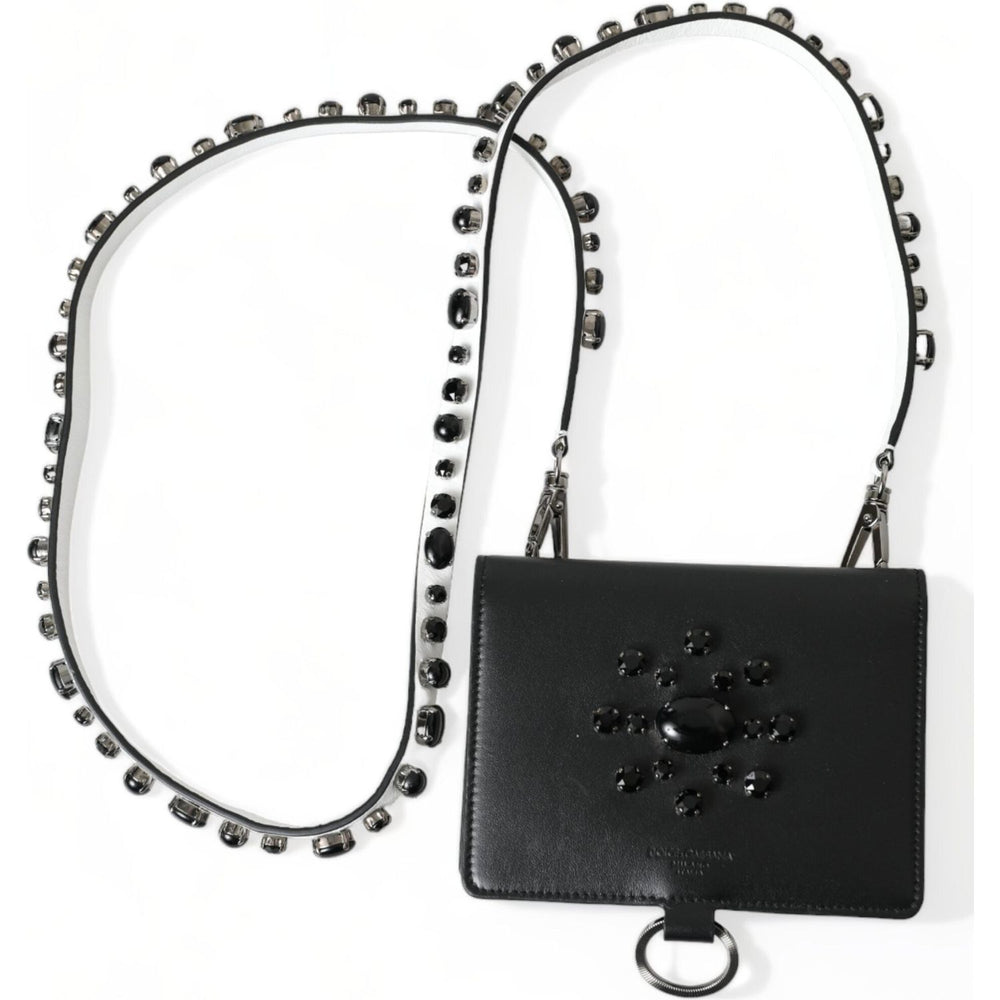 Dolce & Gabbana Black Leather Crystal Embellished Card Holder Wallet BAG1285