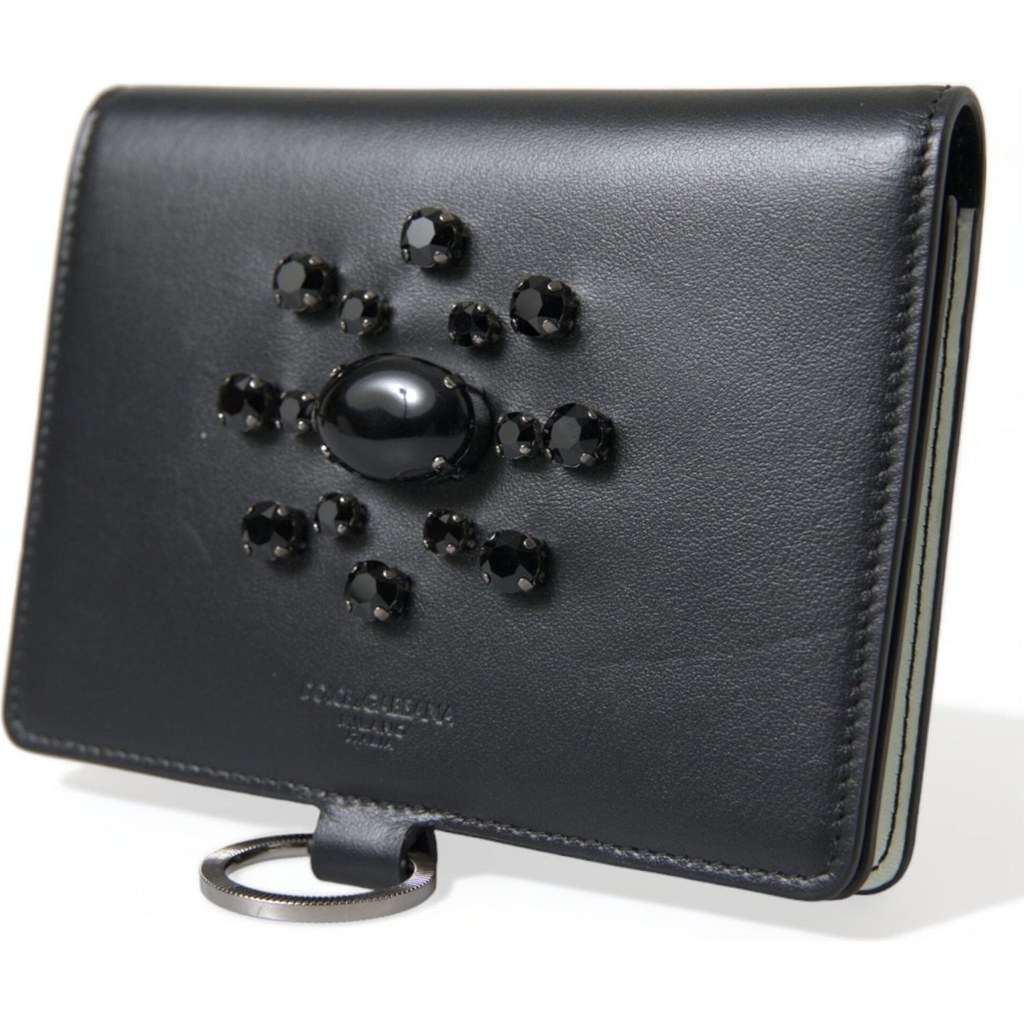 Dolce & Gabbana Black Leather Crystal Embellished Card Holder Wallet BAG1285