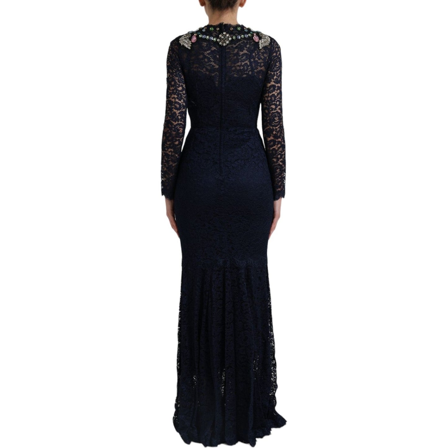 Dolce & Gabbana Blue Crystal Floral Lace Long Gown Dress DR1665-38