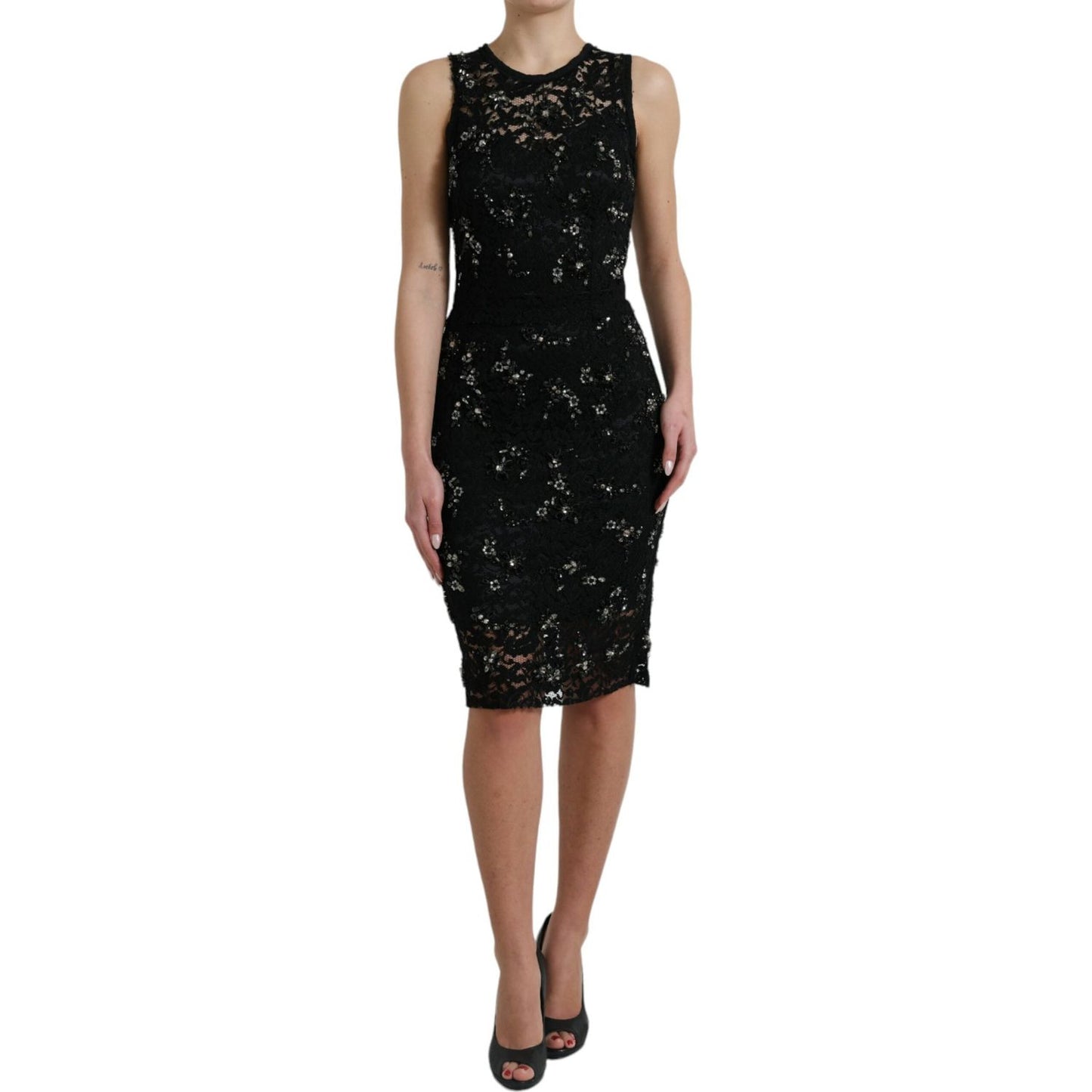 Dolce & Gabbana Black Floral Lace Crystal Sheath Dress GSD12635-40