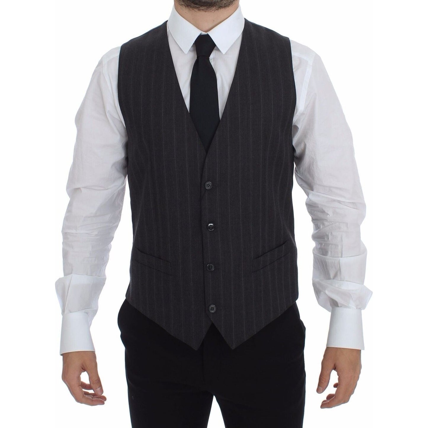 Dolce & Gabbana Gray Striped Wool Logo Vest Gilet Weste GSS12033-1