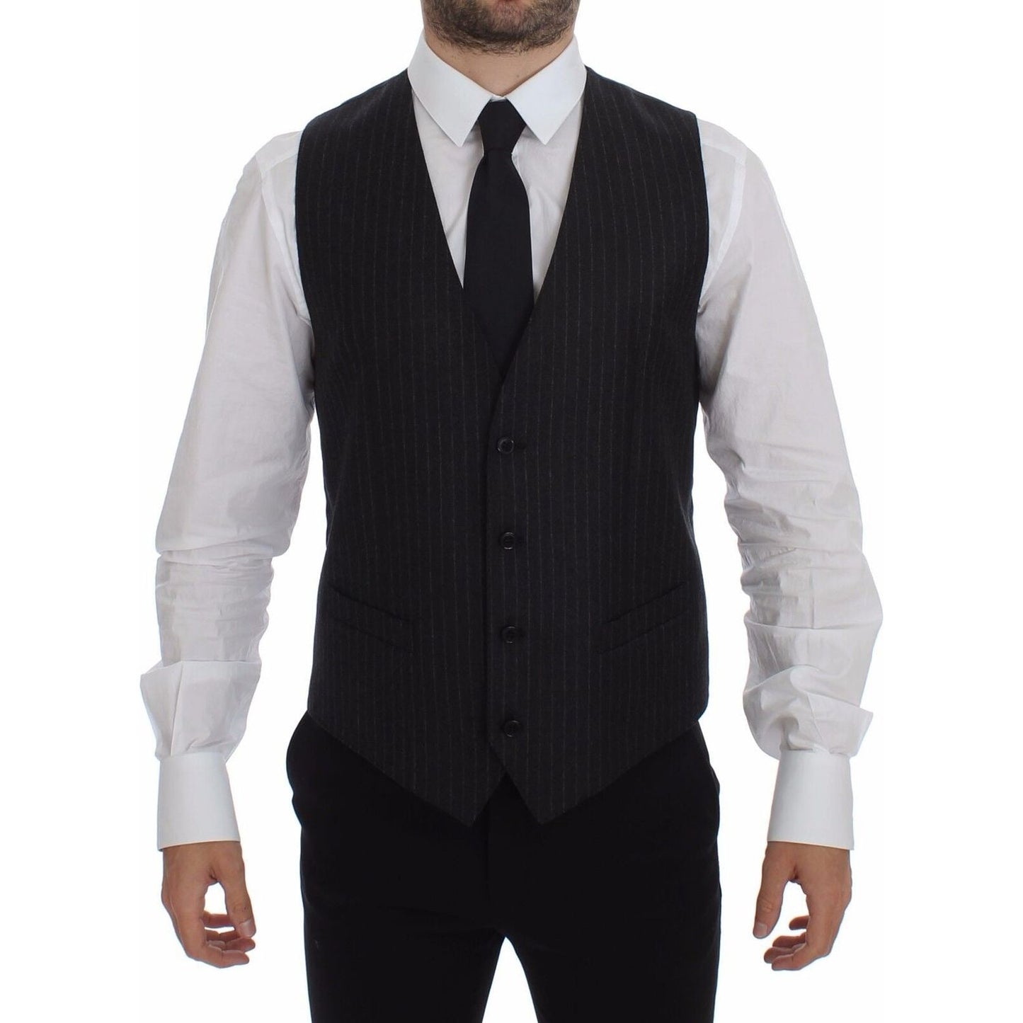 Dolce & Gabbana Gray Striped Wool Logo Vest Gilet Vests GSS12017-1