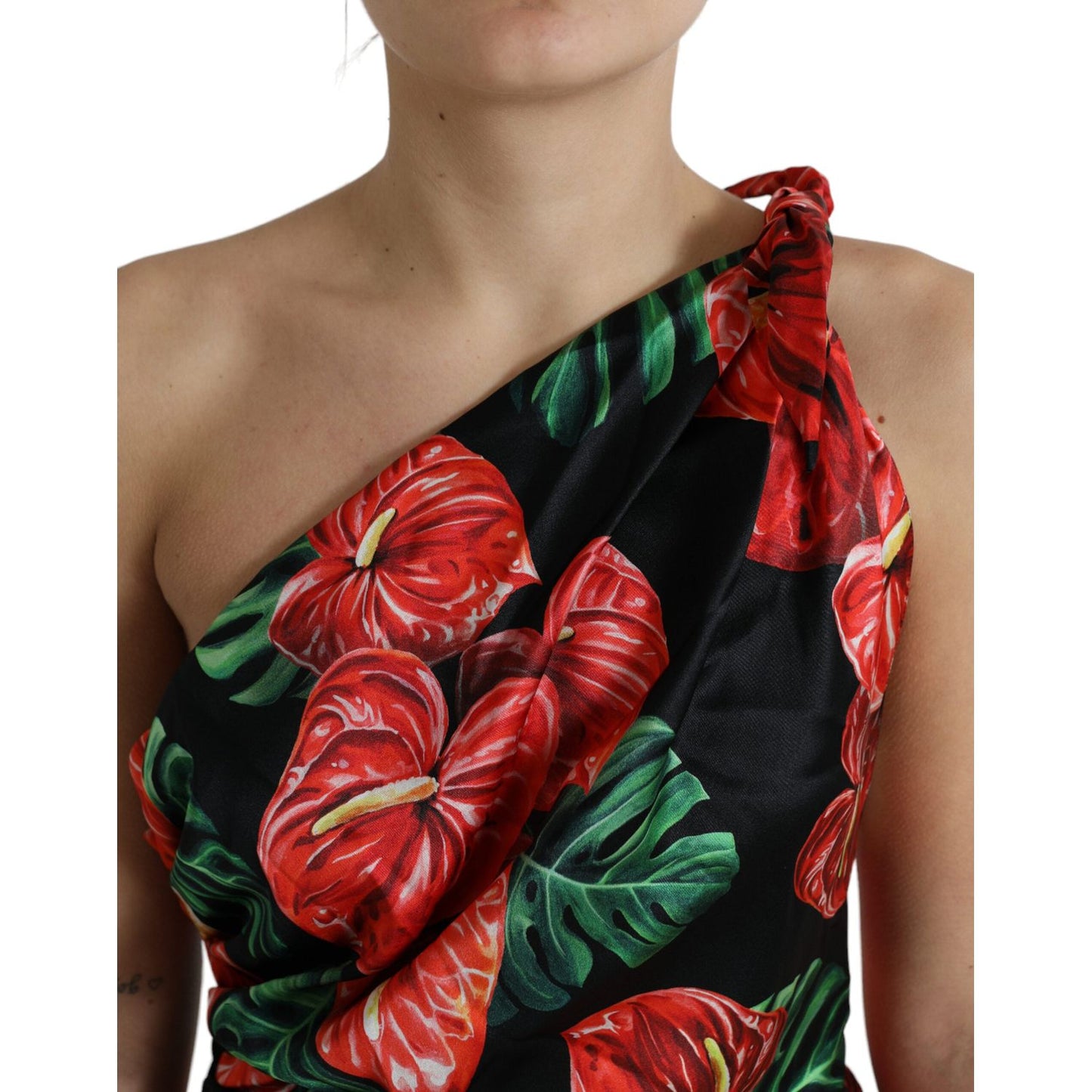 Dolce & Gabbana Black Shiny Silk Floral Print Draped Dress DR28989-44