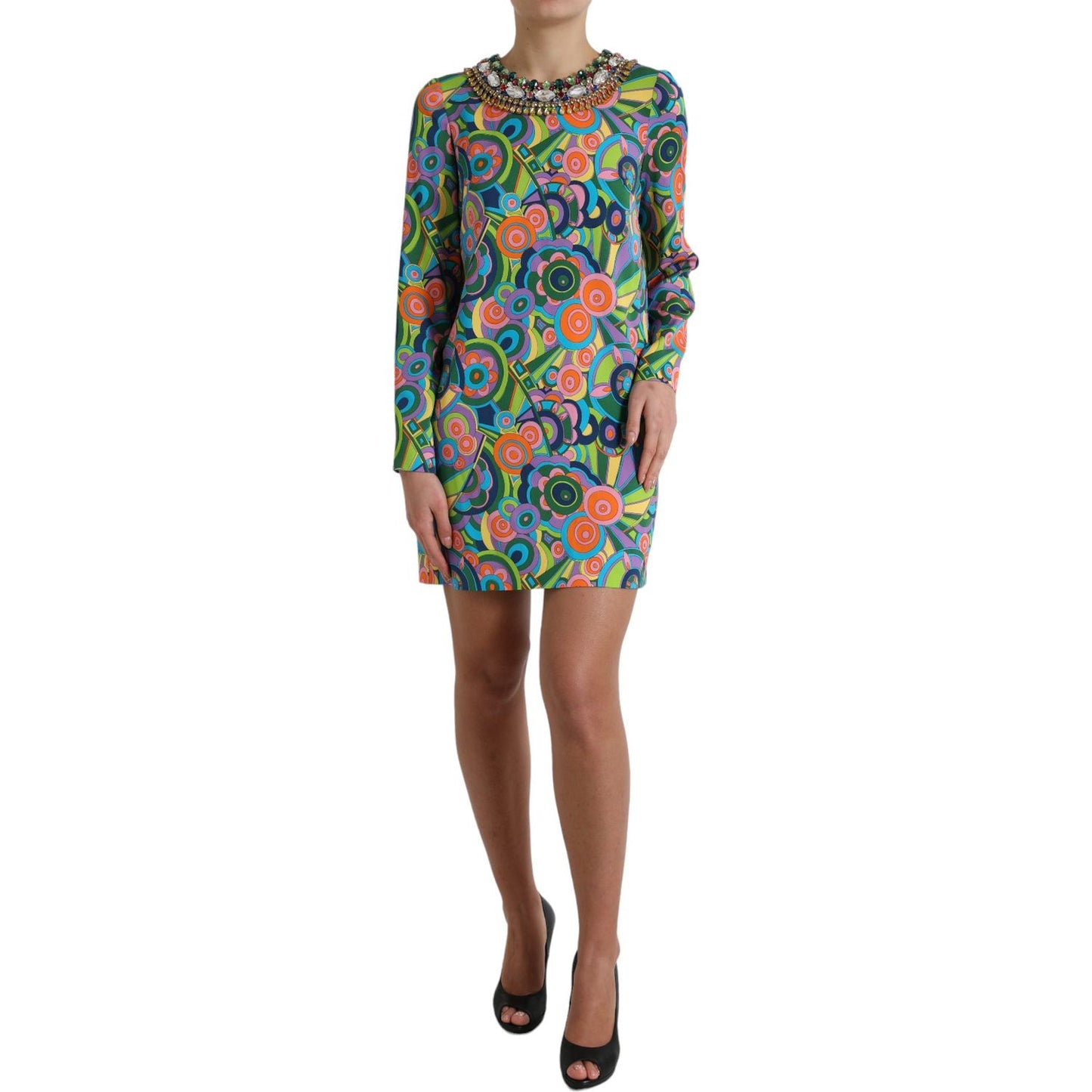 Dolce & Gabbana Multicolor Geometric Print Silk Crystals Midi Dress DR28975-40