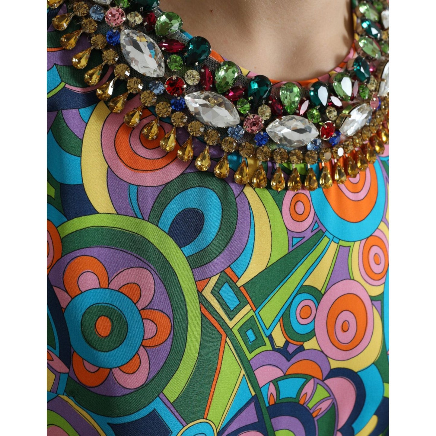 Dolce & Gabbana Multicolor Geometric Print Silk Crystals Midi Dress DR28975-40