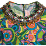 Dolce & Gabbana Multicolor Geometric Print Silk Crystals Midi Dress DR28975-40