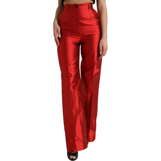 Dolce & Gabbana Red Satin Silk High Waist Wide Leg Pants