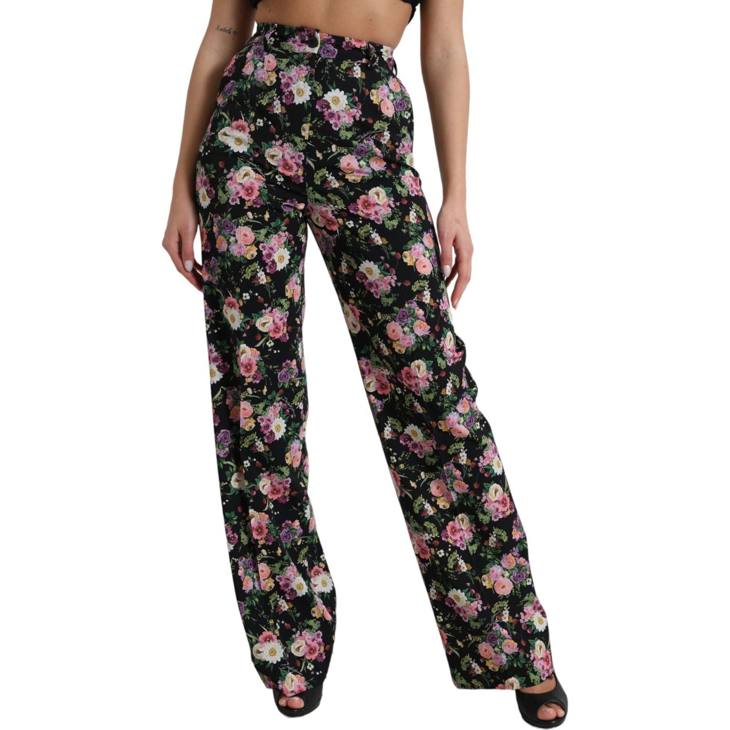Dolce & Gabbana Black Floral Wool High Waist Wide Leg Pants PAN74959-40