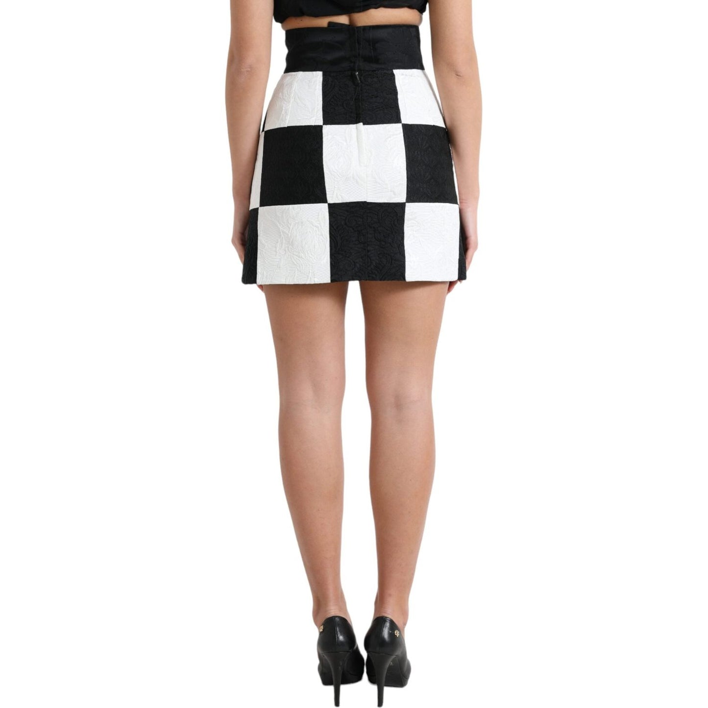 Dolce & Gabbana Black White Floral Brocade High Waist Skirt SKI1975-40