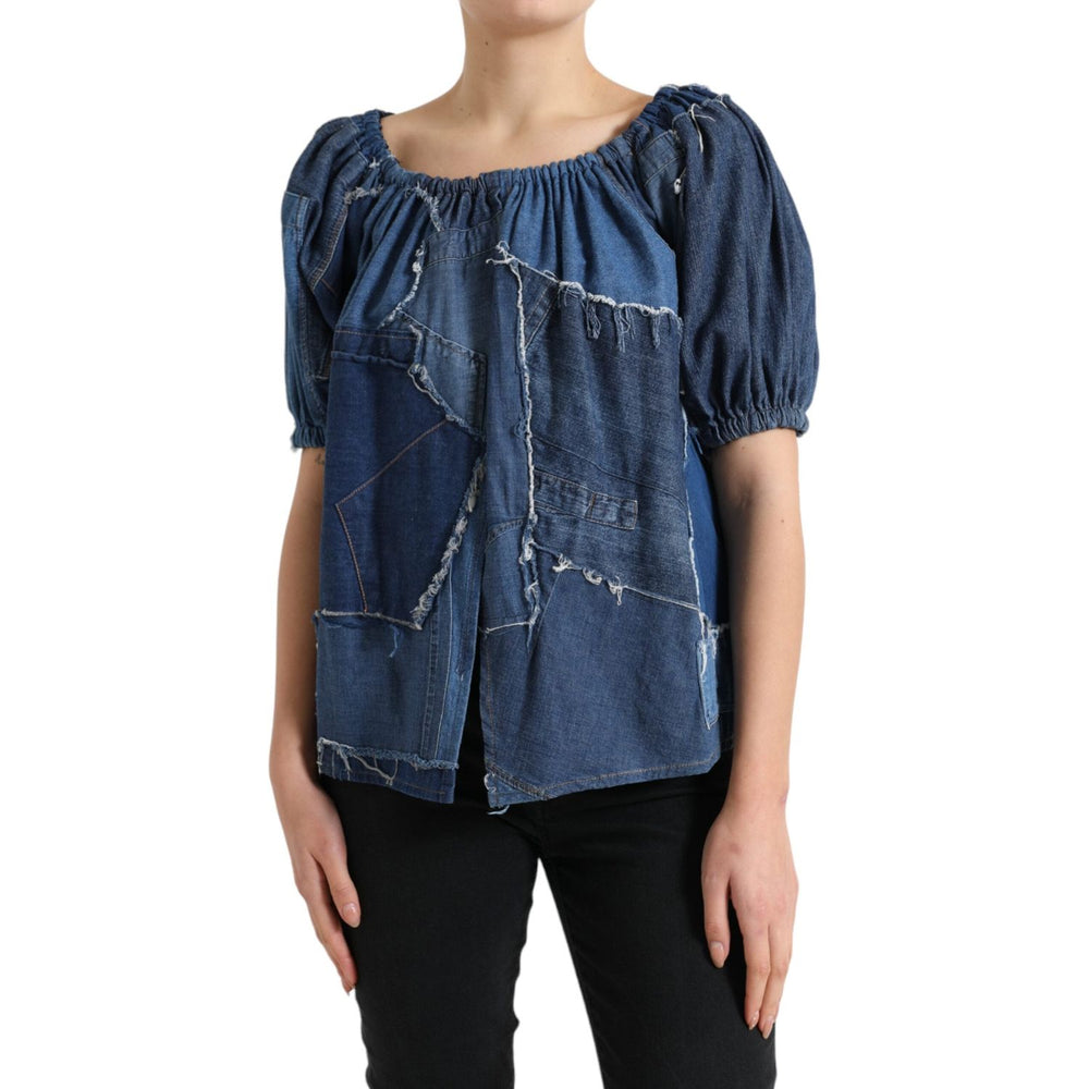 Dolce & Gabbana Blue Patchwork Short Sleeves Denim Blouse Top TSH84269-40