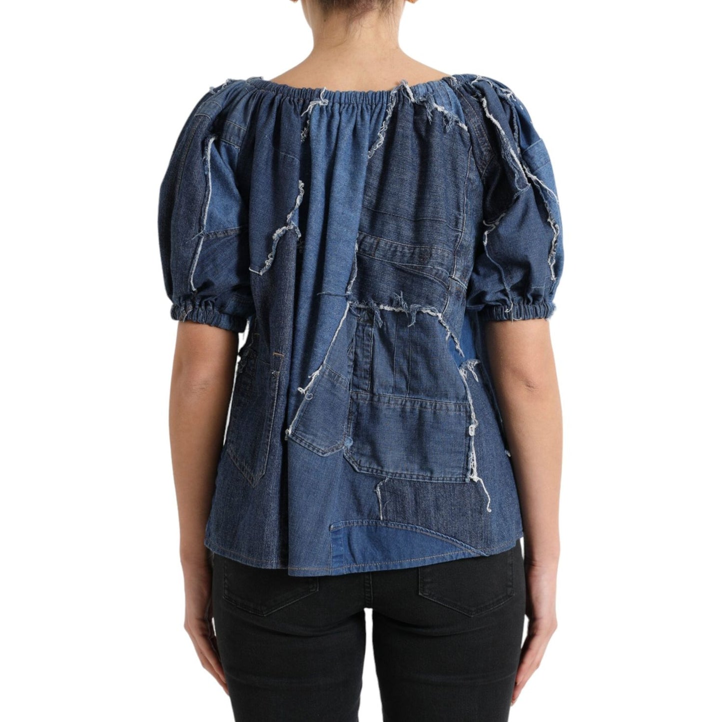 Dolce & Gabbana Blue Patchwork Short Sleeves Denim Blouse Top TSH84269-40