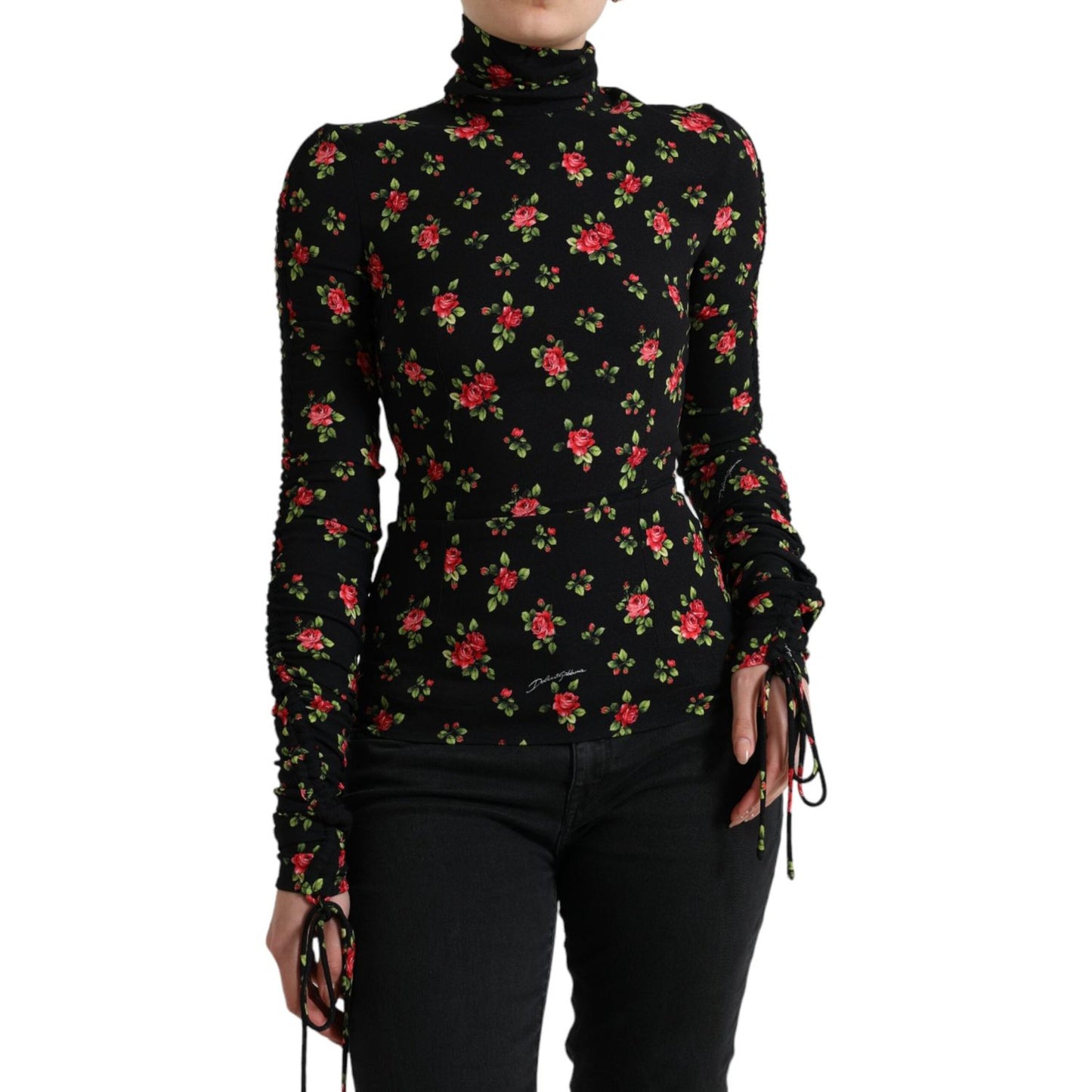 Dolce & Gabbana Black Rose Print Turtle Neck Blouse Top TSH84235-40