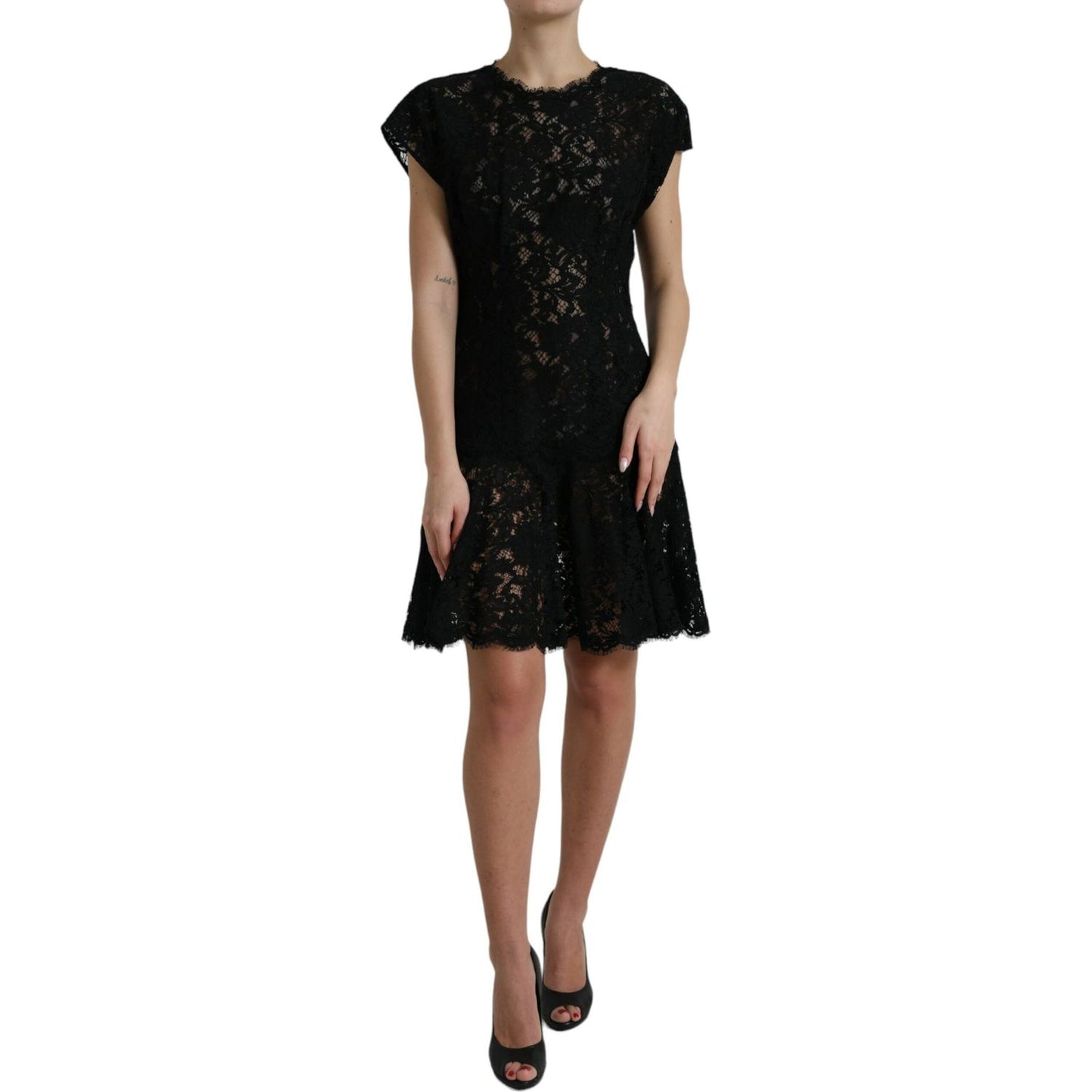 Dolce & Gabbana Black Floral Lace Cotton A-line Mini Dress DR28732-42