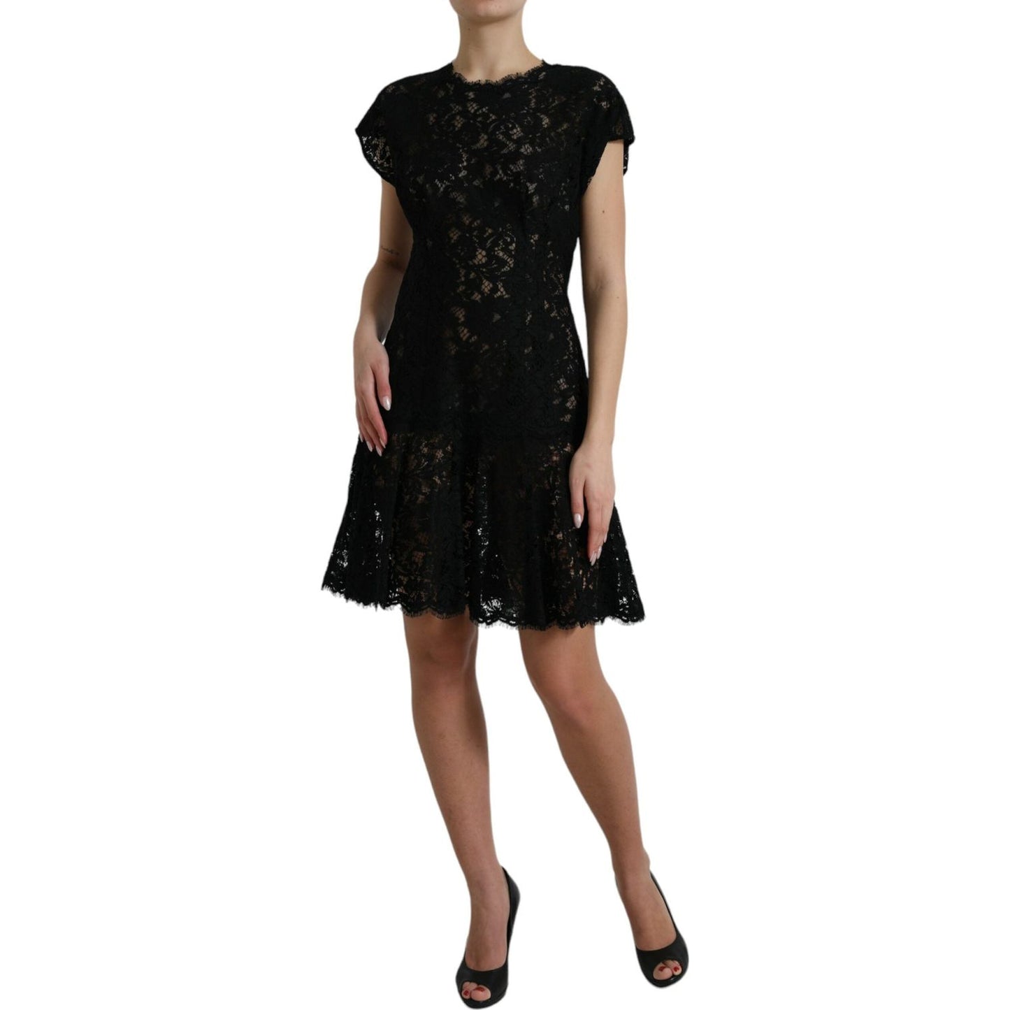Dolce & Gabbana Black Floral Lace Cotton A-line Mini Dress DR28732-42