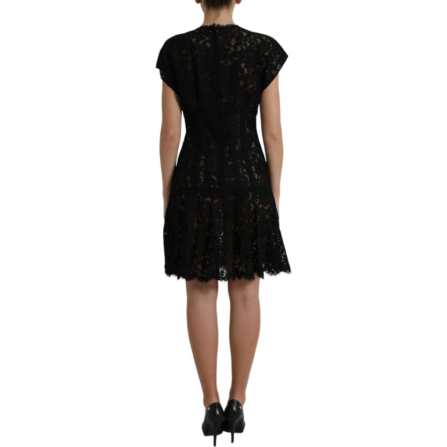 Dolce & Gabbana Black Floral Lace Cotton A-line Mini Dress DR28732-42