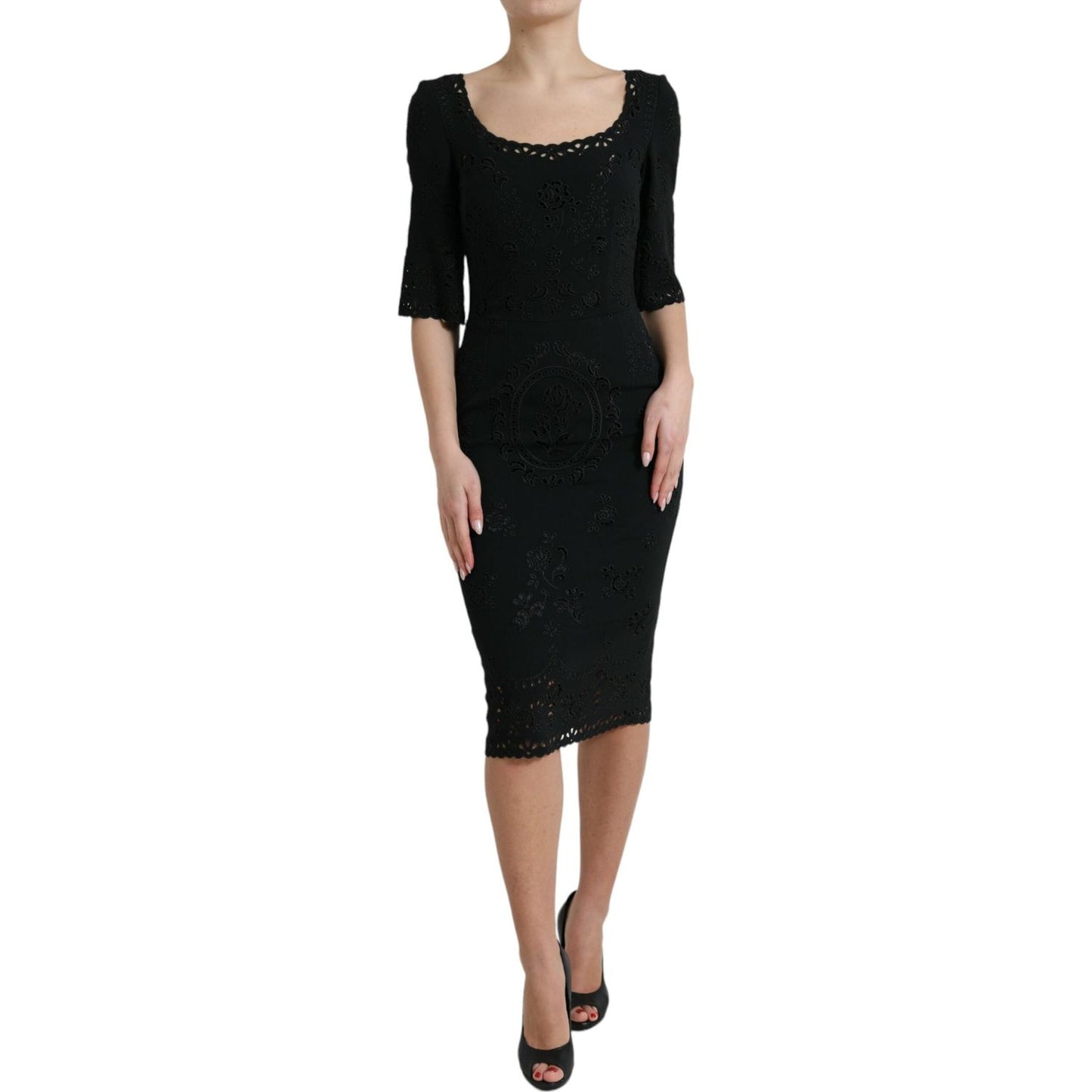 Dolce & Gabbana Black Floral Lace Viscose Bodycon Midi Dress DR281010-40