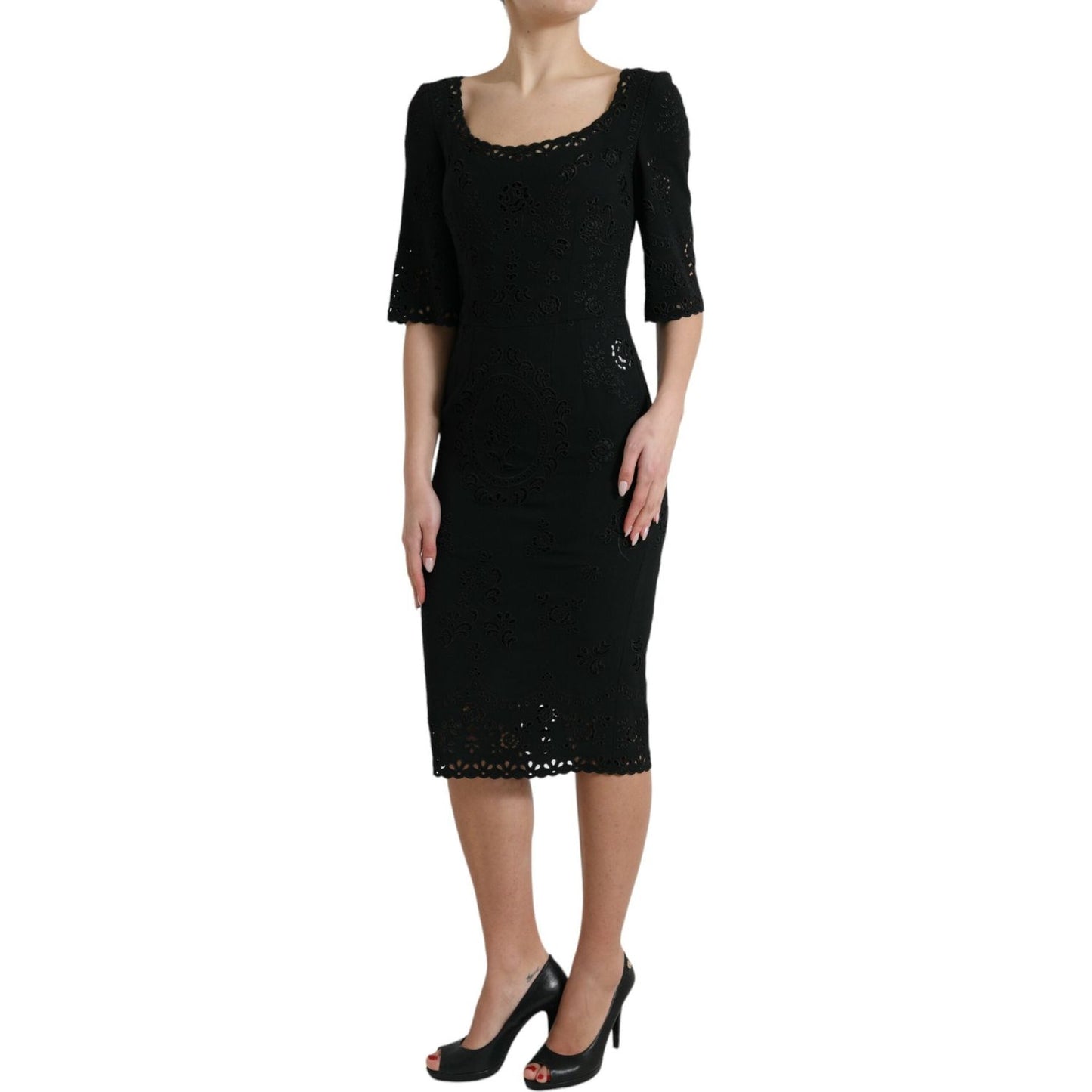 Dolce & Gabbana Black Floral Lace Viscose Bodycon Midi Dress DR281010-40