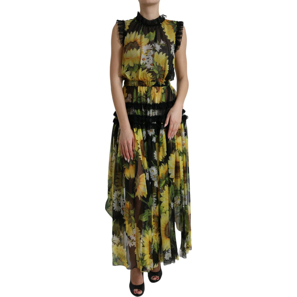 Dolce & Gabbana Black Sunflower A-line Pleated Maxi Dress DR281096-40