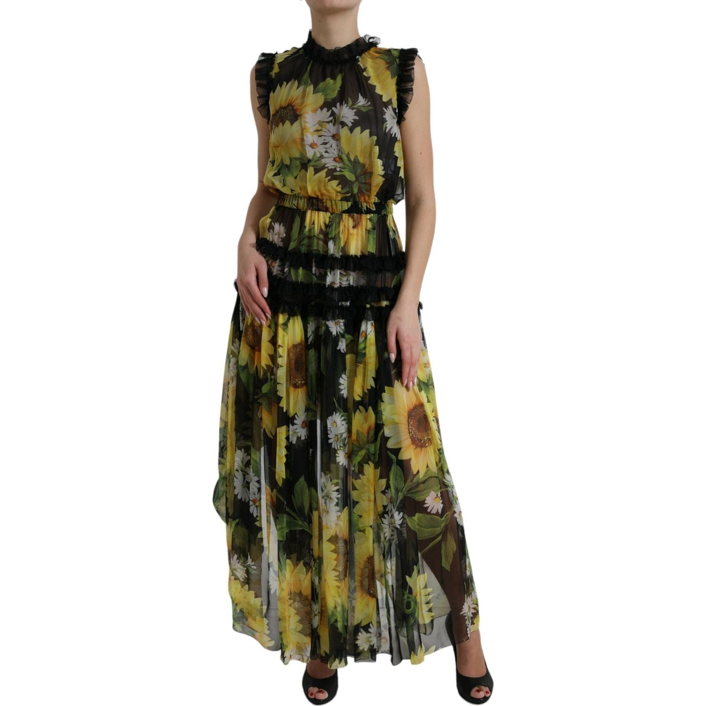 Dolce & Gabbana Black Sunflower A-line Pleated Maxi Dress DR281096-40
