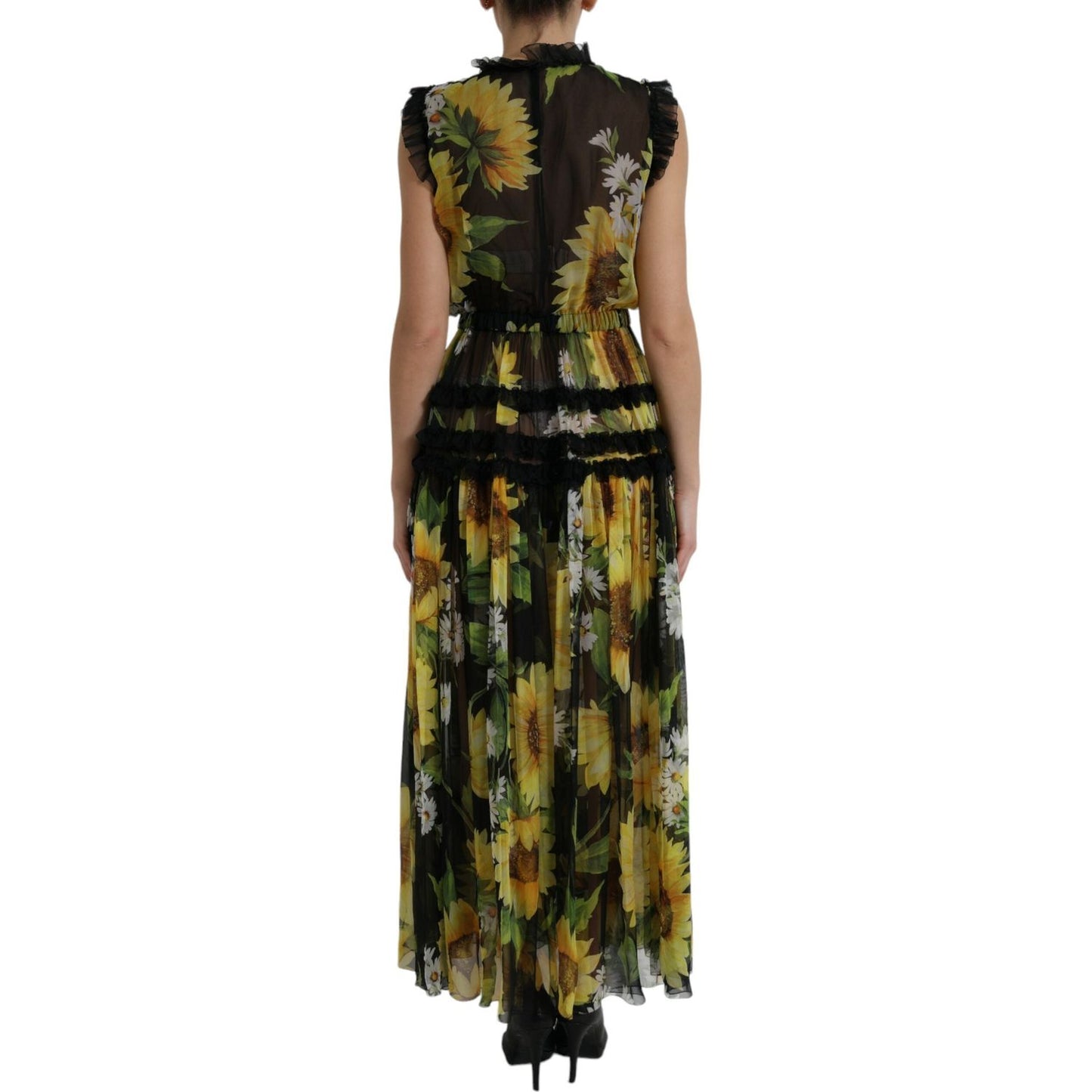 Dolce & Gabbana Black Sunflower A-line Pleated Maxi Dress DR281096-40