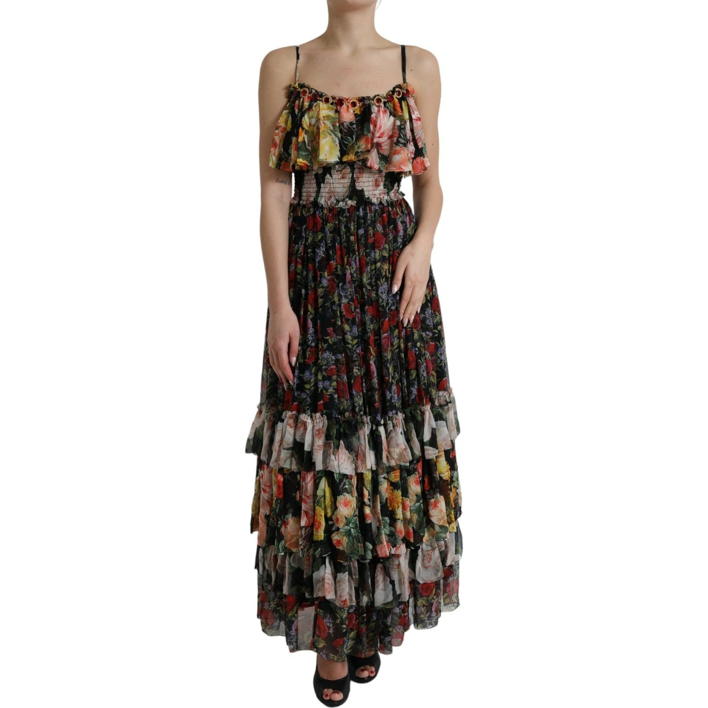 Dolce & Gabbana Multicolor Floral Chiffon Tiered Maxi Dress DR281071-40