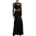 Dolce & Gabbana Black Floral Embroidery Mesh Tulle Gown Dress DR281079-40