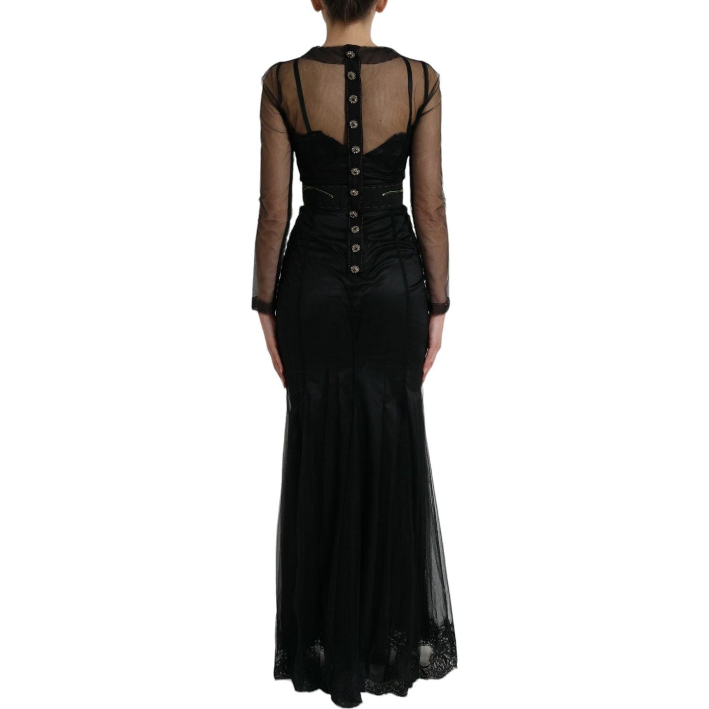 Dolce & Gabbana Black Floral Embroidery Mesh Tulle Gown Dress DR281079-40