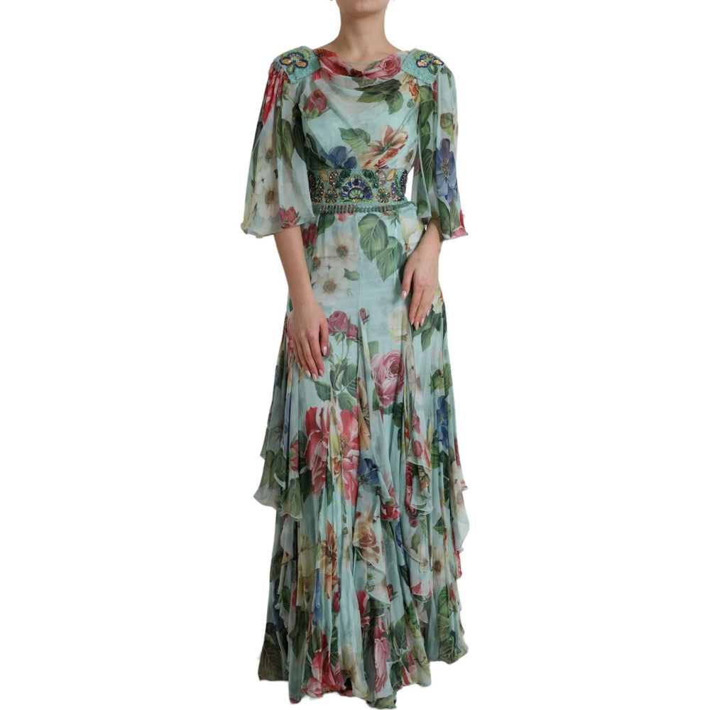 Dolce & Gabbana Blue Floral Print Tiered Long Maxi Dress DR281092-36