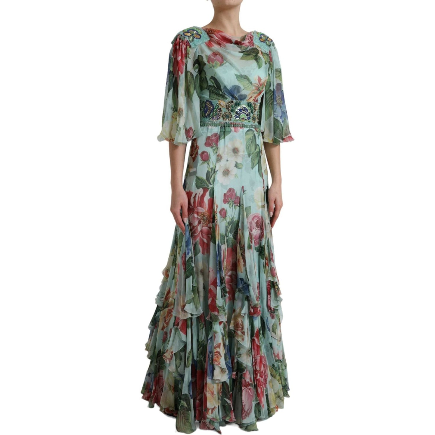 Dolce & Gabbana Blue Floral Print Tiered Long Maxi Dress DR281092-36