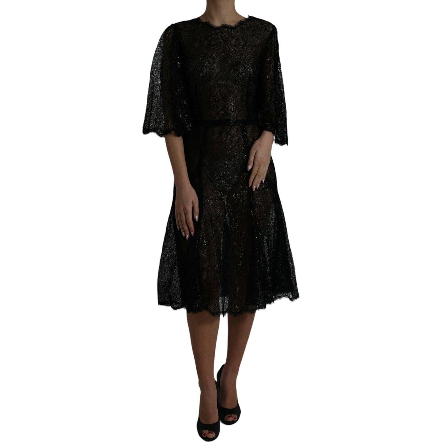 Dolce & Gabbana Black Floral Lace Sheer A-line Midi Dress DR281116-48