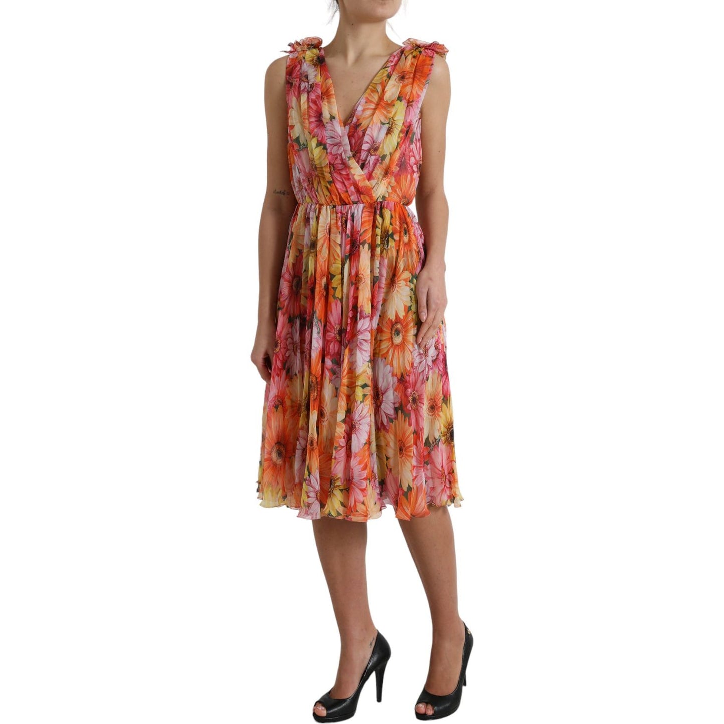 Dolce & Gabbana Multicolor Sunflower Print Silk Midi Dress DR28954-48